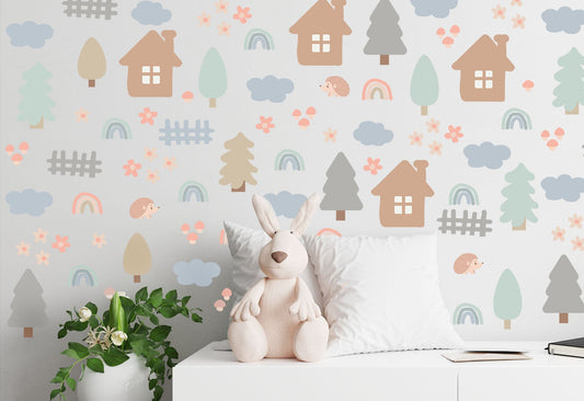 Houses Wall Decals Hedgehog Trees Rainbows Stickers, KL0026