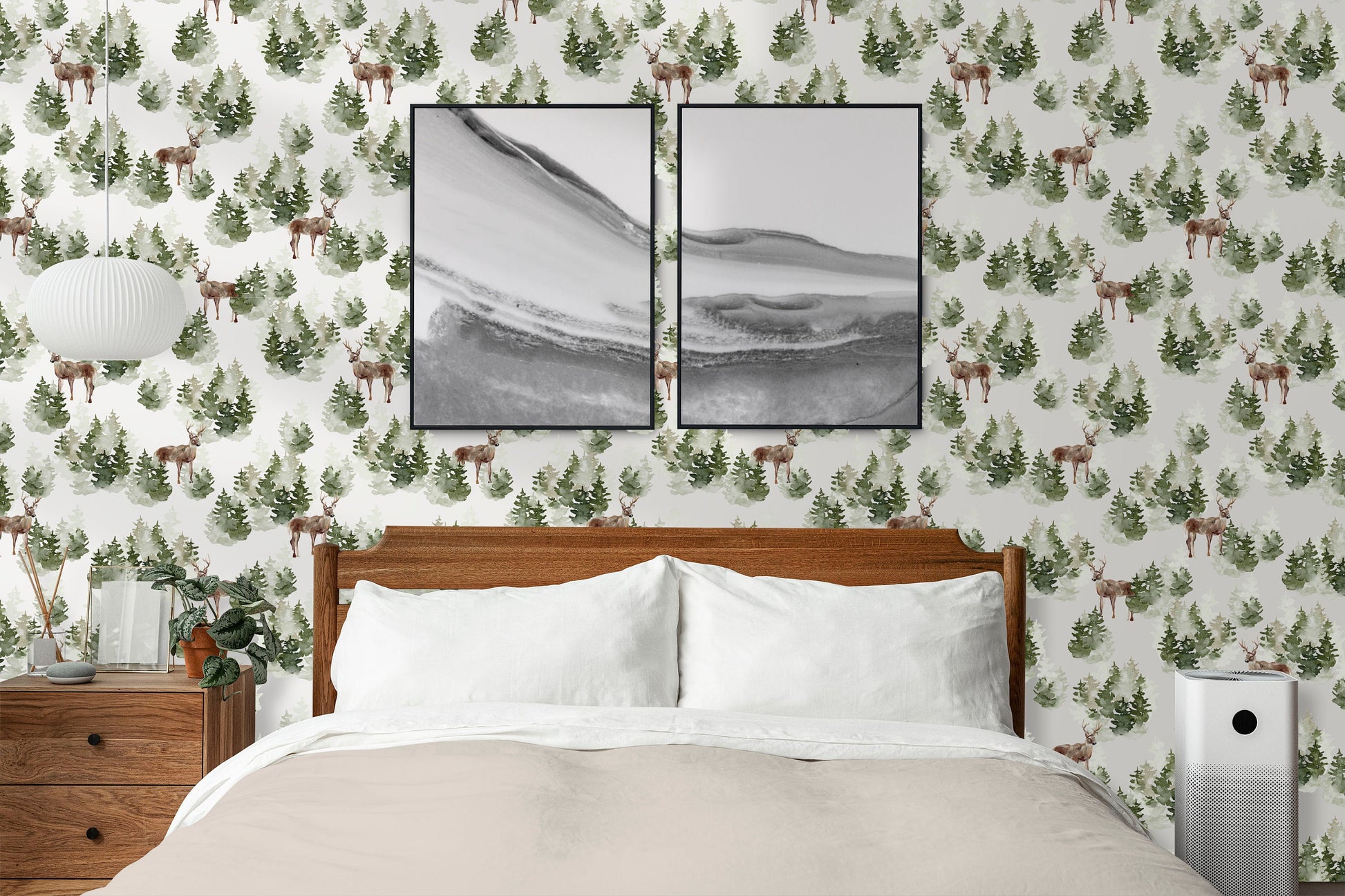 Removable Peel and Stick Watercolor Pine Tree Forest Woodland Deer Nursery Mural Decals, WL006