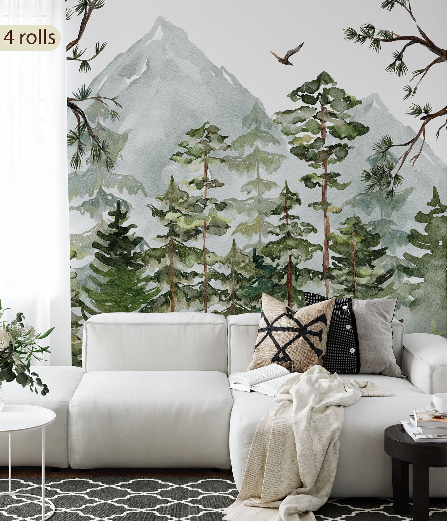 Removable Peel and Stick Watercolor Pine Tree Forest Woodland Nursery Mural Decals, WL010