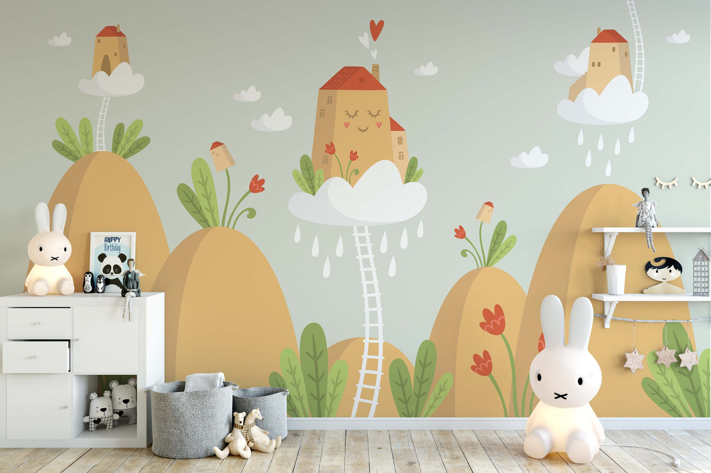 Removable Peel and Stick Wallpaper Clouds Houses Sky Nursery Wall Paper Wall Murals, KL0056