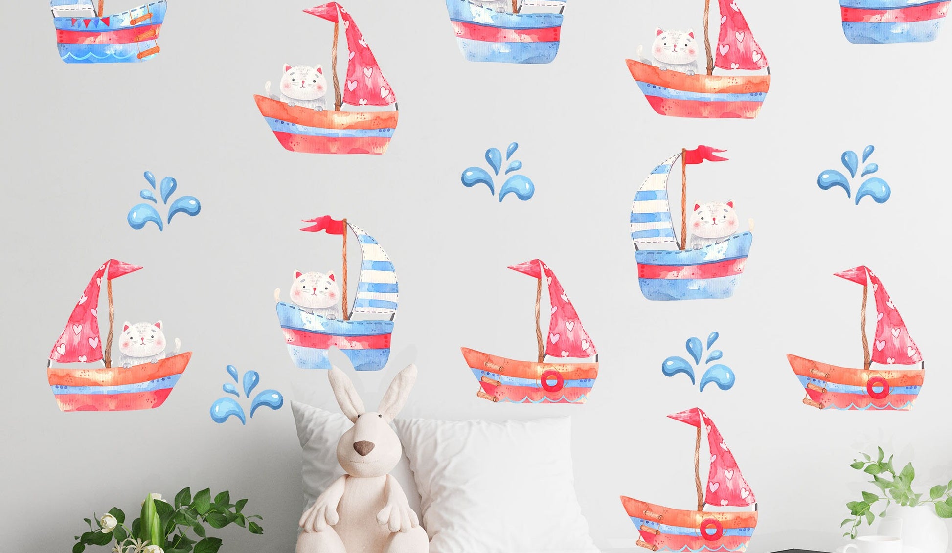 ships watercolor wall stickers cats sea decals, KL 0029