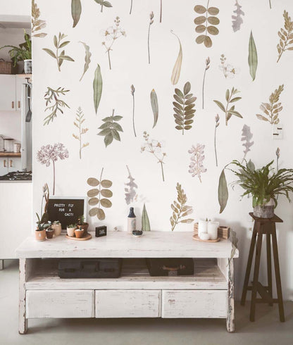 Vintage Wild Flowers Wall Decals Leaf Twigs Greenery Stickers herbarium, LF287