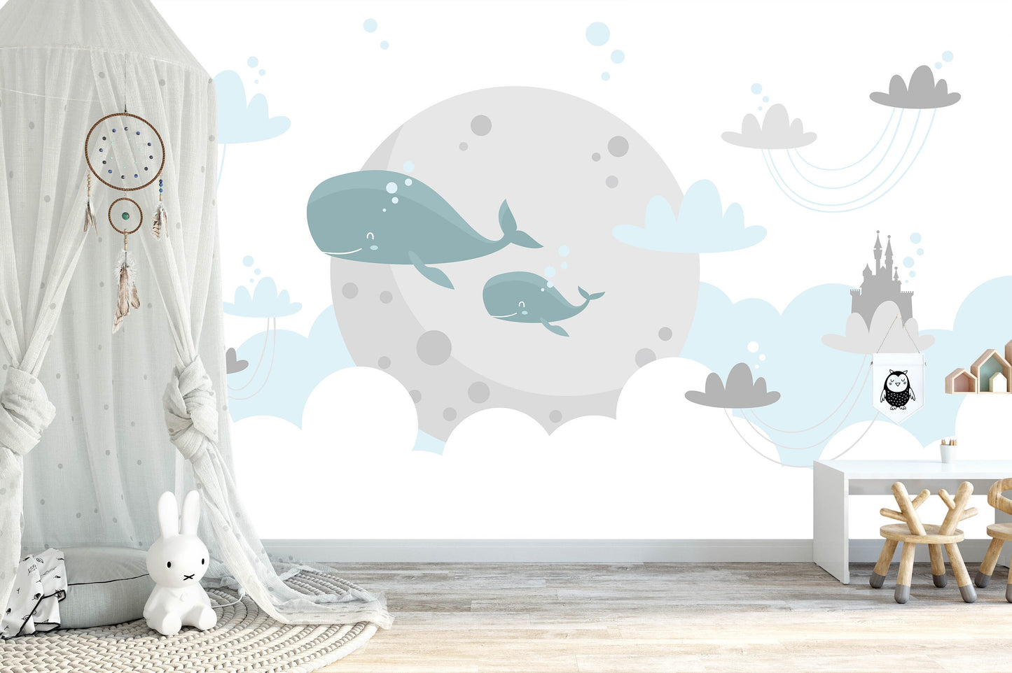 Removable Peel and Stick Wallpaper Whales Sky Clouds Wall Paper Wall Murals, KL0052