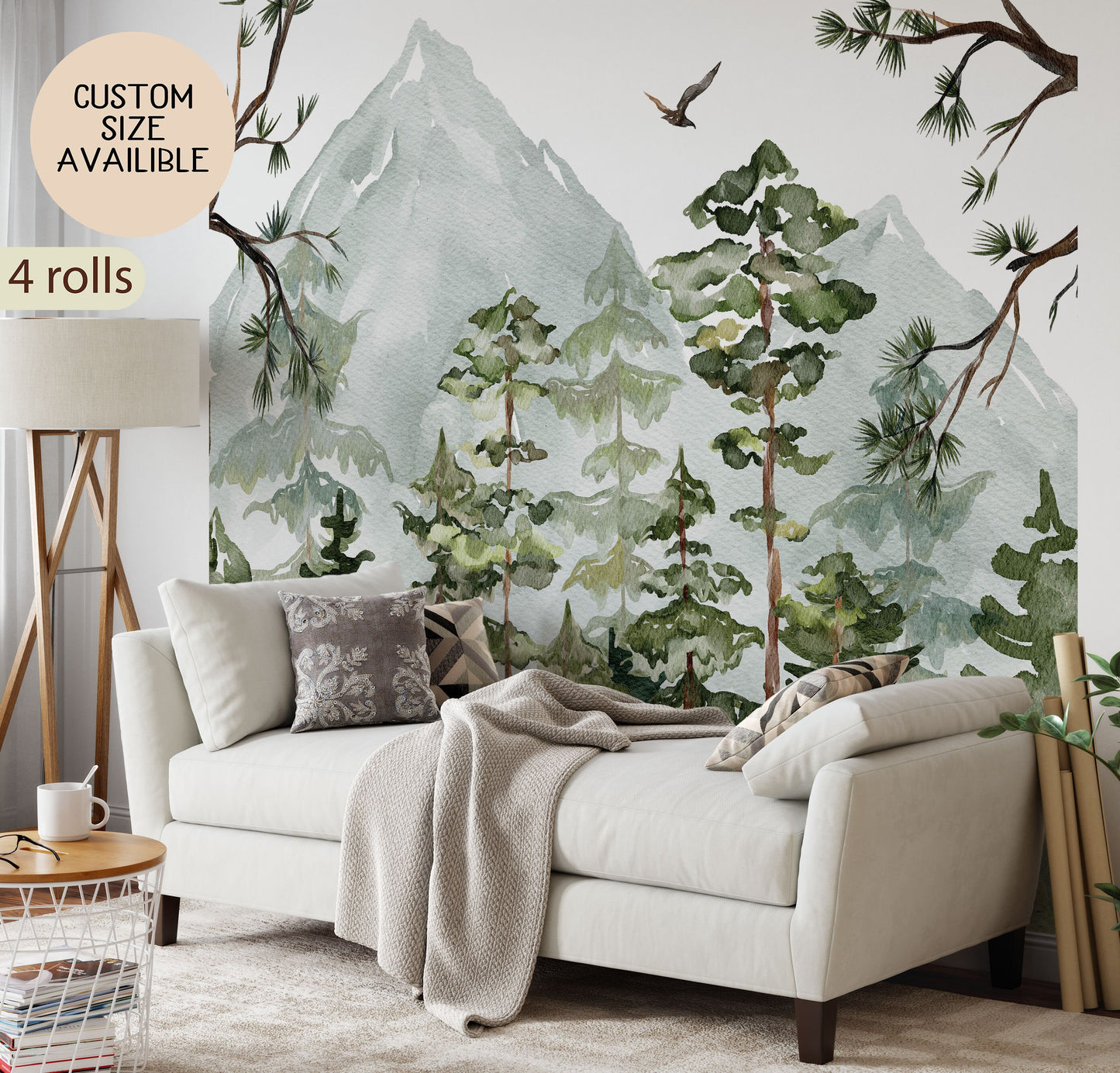 Removable Peel and Stick Watercolor Pine Tree Forest Woodland Nursery Mural Decals, WL010