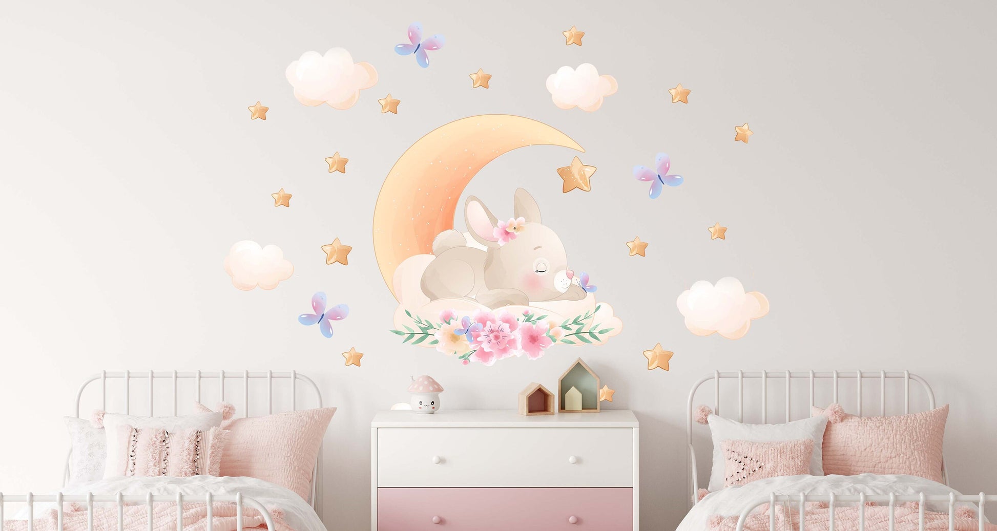 Bunny wall Decal Sleeping Moon Clouds Flowers Nursery Stickers, KL0065