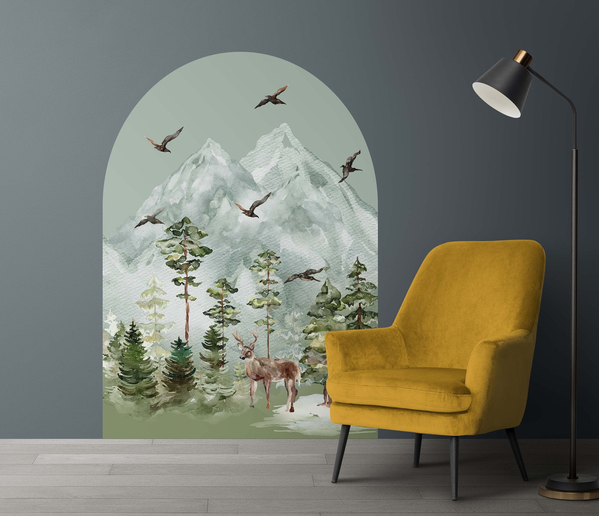 Boho Arch Woodland Wall Decal Pine Trees Sticker Forest Deer Mountains, KL0067