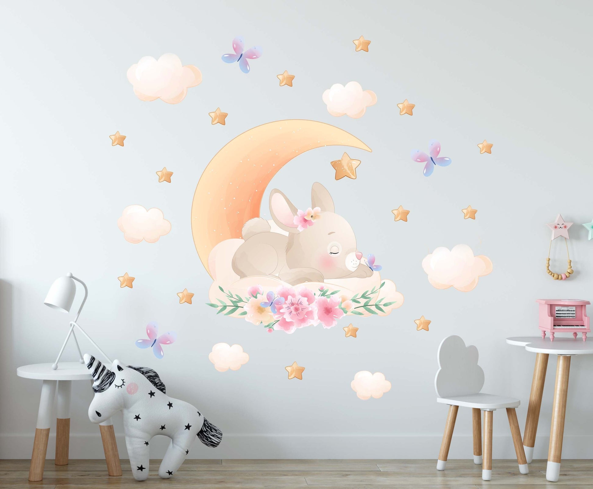 Bunny wall Decal Sleeping Moon Clouds Flowers Nursery Stickers, KL0065