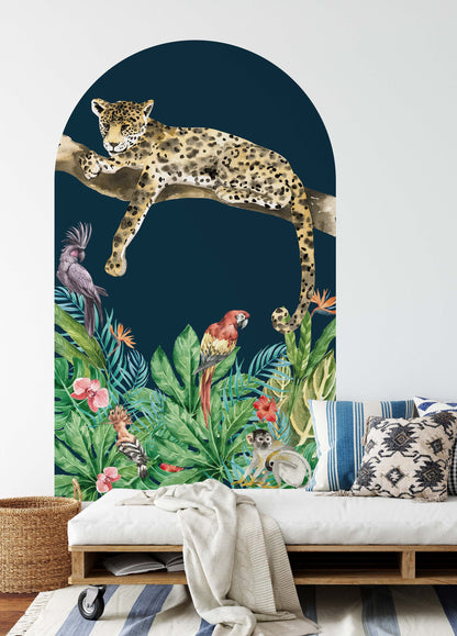 Boho Arch Cheetah Cat Wall Decal Tropical Flowers Stickers, LKL0070