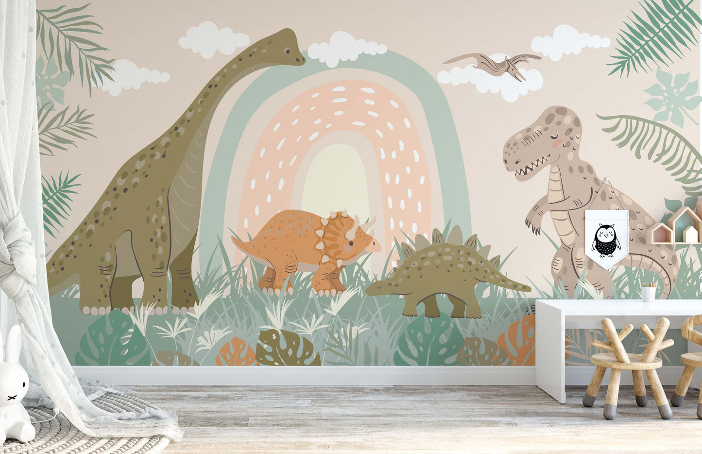 Dinosaur Wallpaper Rainbow Removable Peel and Stick Dino Wall Murals, WL013