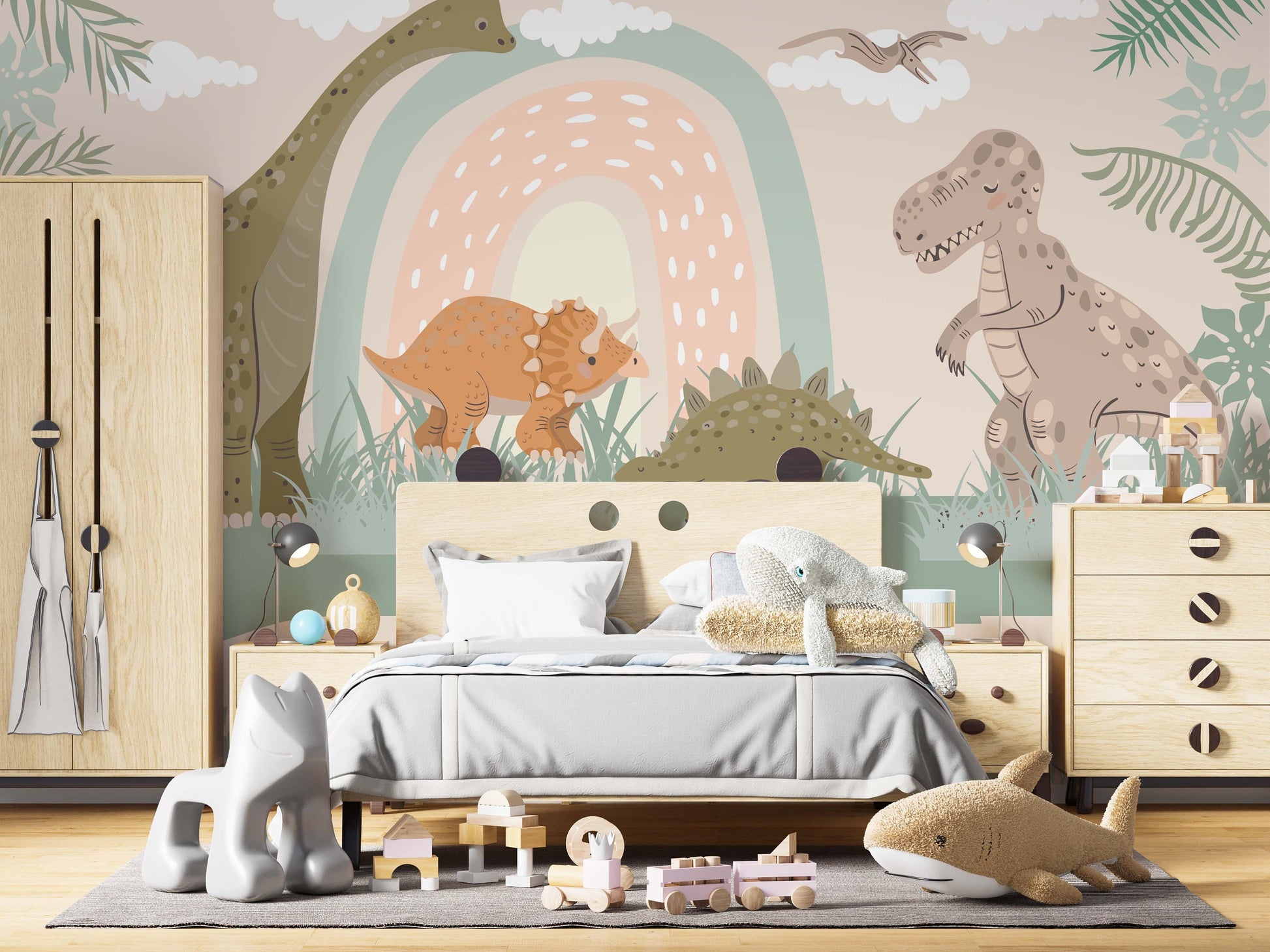 Dinosaur Wallpaper Rainbow Removable Peel and Stick Dino Wall Murals, WL013