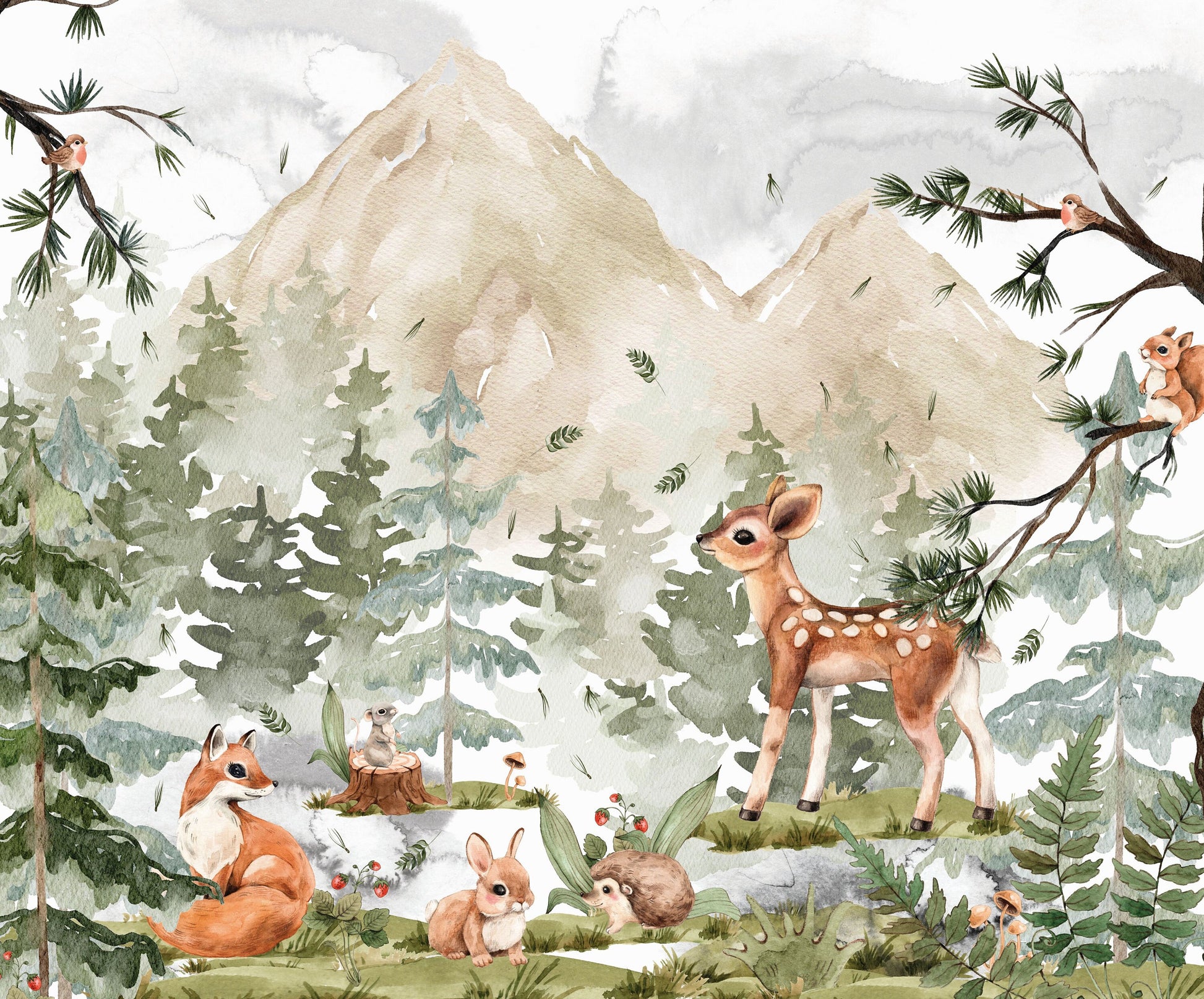 Forest Woodland Wall Decals Watercolor Pine Tree Stickers Nursery Mural Animals fox deer rabbit hedgehog mouse Natural Playroom Class, WL012