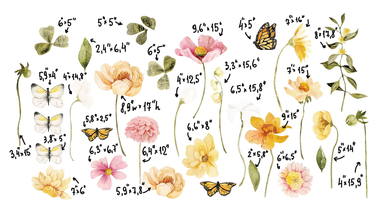 Field Flowers Wall decals Wild Grass Stickers Butterflies, LF296