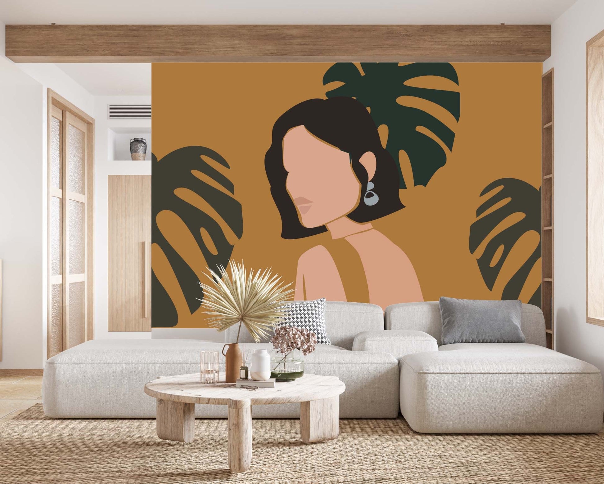 Boho Monstera Woman Wallpaper Peel and Stick Color Block Mural, KL0061