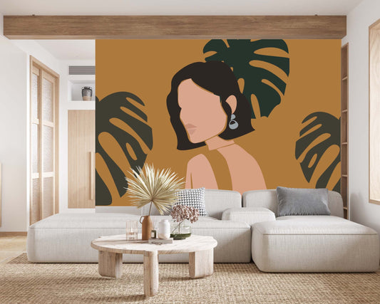 Boho Monstera Woman Wallpaper Peel and Stick Color Block Mural, KL0061