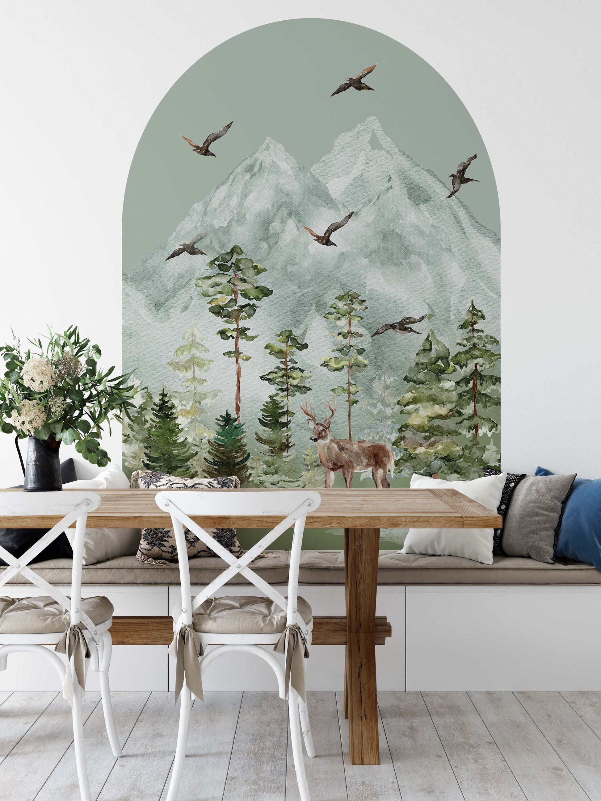 Boho Arch Woodland Wall Decal Pine Trees Sticker Forest Deer Mountains, KL0067