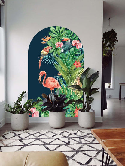 Boho Arch Large Wall Decal Tropical Flowers Flamingo, LKL0068