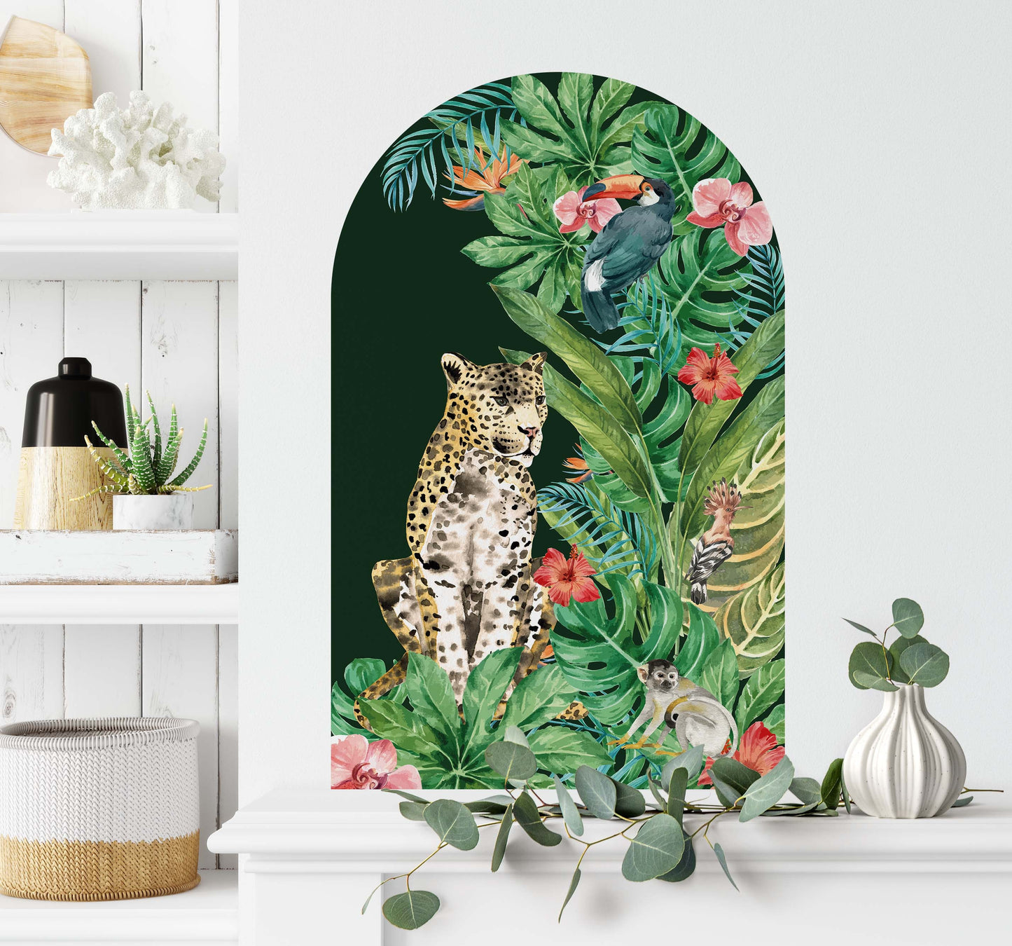 Boho Tropical Arch Large Wall Decal Cheetah Cat Flowers, LKL0069