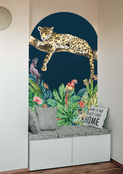 Boho Arch Cheetah Cat Wall Decal Tropical Flowers Stickers, LKL0070