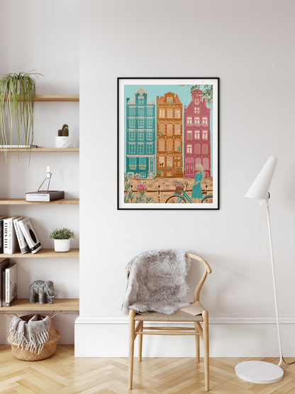 Amsterdam City Houses Print Netherlands Wall Art Holland Travel Poster, LF342