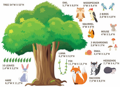 Big Green Tree Sticker Forest Animals Wall Decals Fox Hare Hedgehog Nursery Decor, LF348