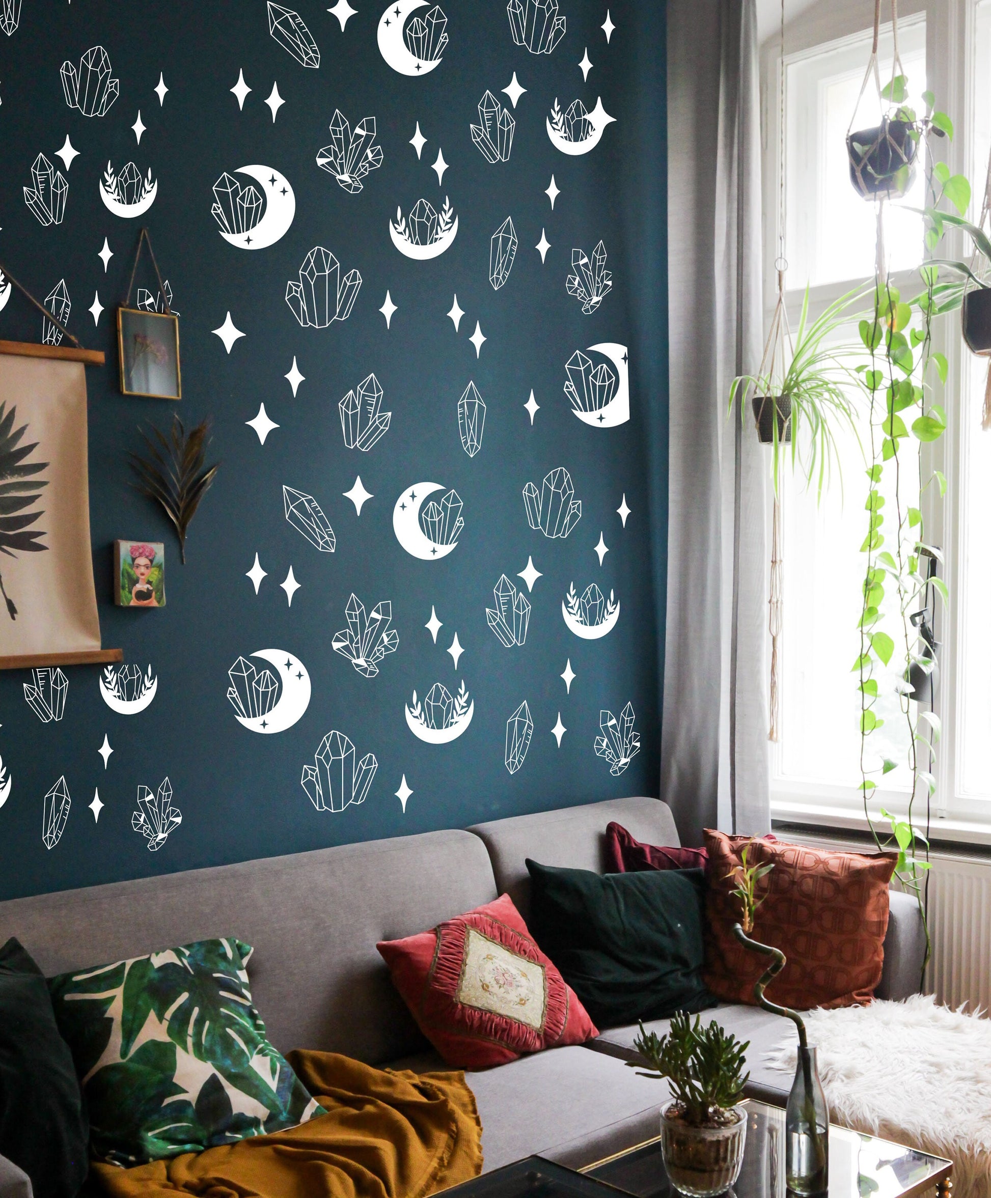 Crystal Gems Wall Decals Moon Stars Boho Stickers, LF335