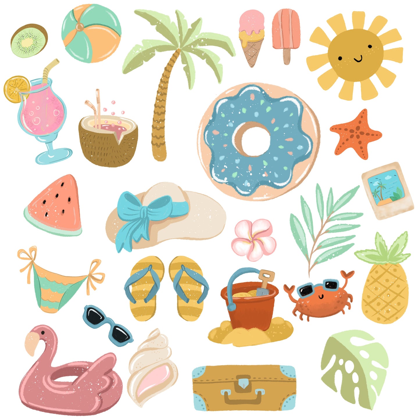 Summer Clipart PNG Seasonal Vacation Instant Download Sun Ice Cream Ananas Flip Flops Popsicles Crab Palm, LF360