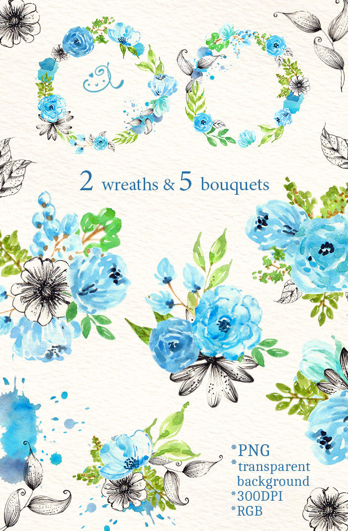 Watercolor Blue Green Flowers Wreath Floral Clipart PNG, LF368