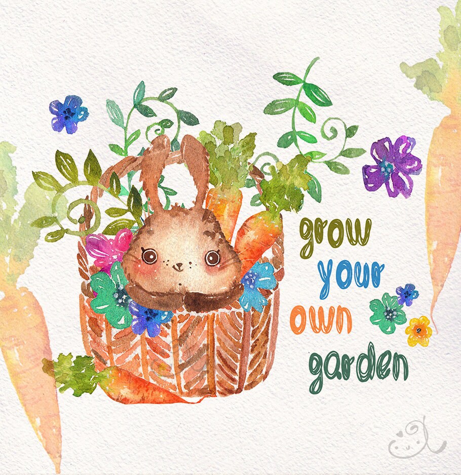 Bunny Animal Watercolor Clipart Carrot Flowers PNG, LF370