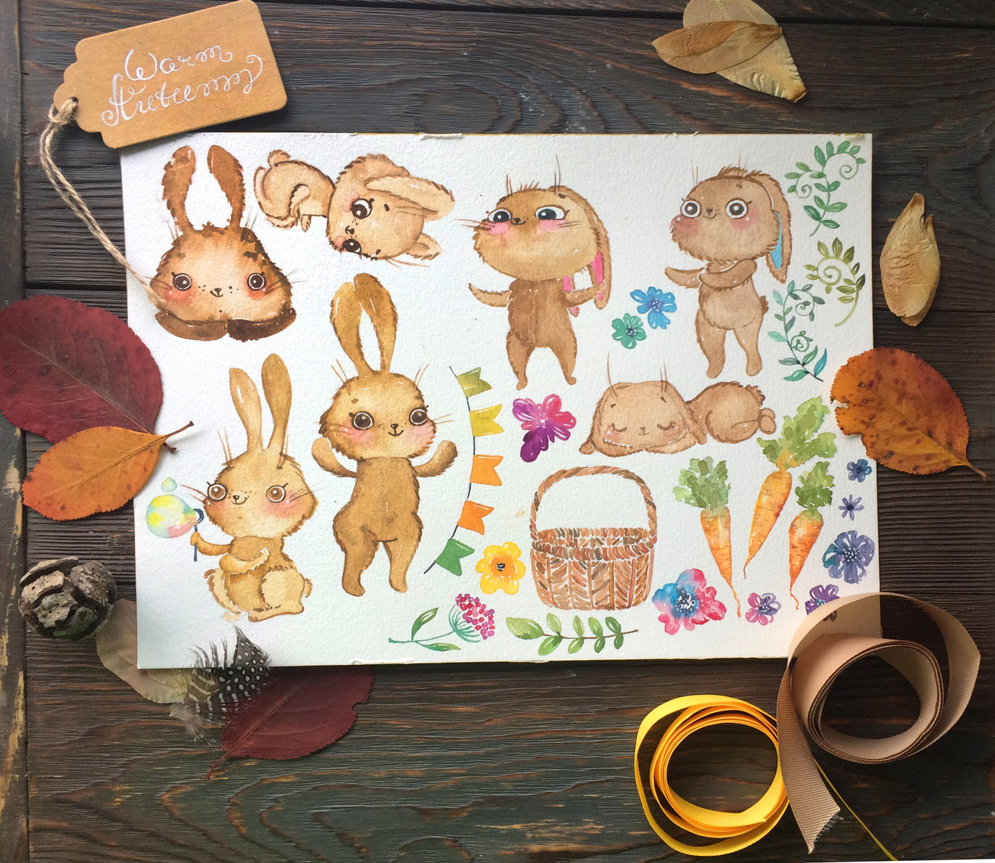 Bunny Animal Watercolor Clipart Carrot Flowers PNG, LF370