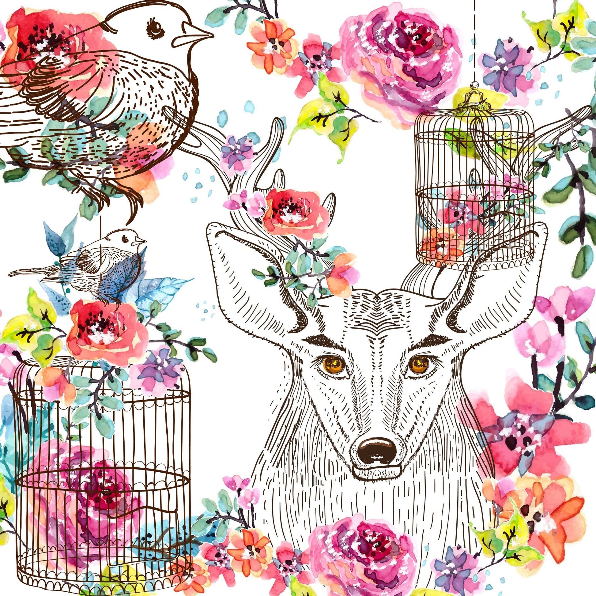 Flowers Watercolor Clipart Deer Bird PNG, LF374