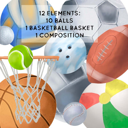 Sports Balls Clipart PNG Instant Download Baseballs Footballs Soccer Ball Golf, LF376