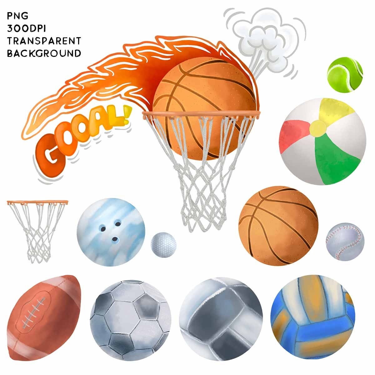 Sports Balls Clipart PNG Instant Download Baseballs Footballs Soccer Ball Golf, LF376