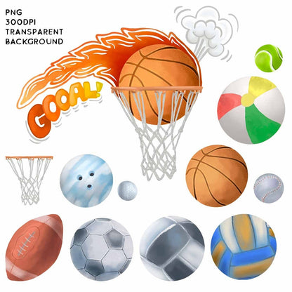 Sports Balls Clipart PNG Instant Download Baseballs Footballs Soccer Ball Golf, LF376