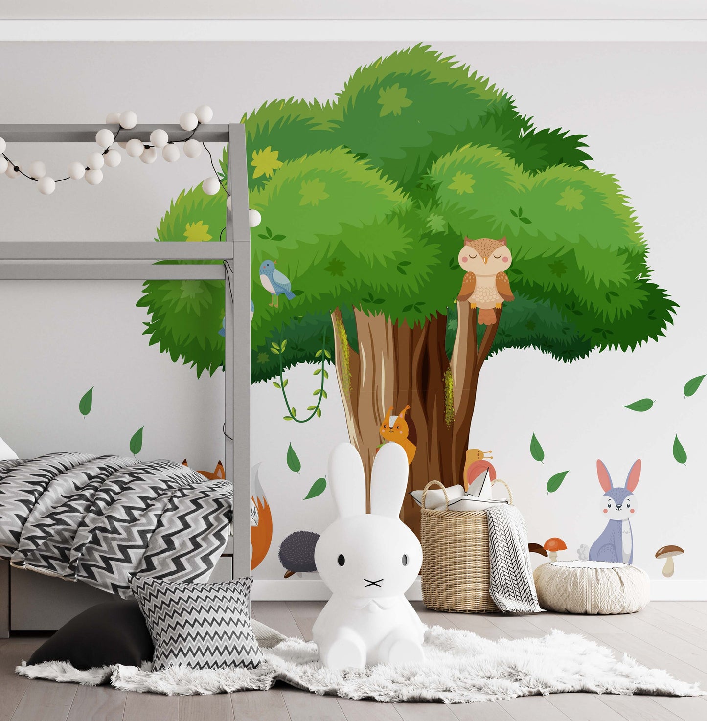 Big Green Tree Sticker Forest Animals Wall Decals Fox Hare Hedgehog Nursery Decor, LF348