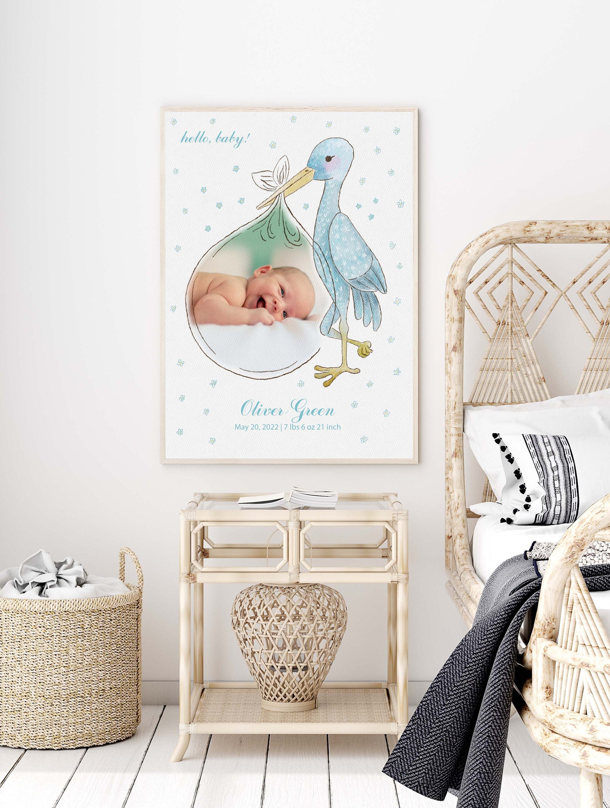 Custom baby name print Stork watercolor Poster personalized Gift Nursery Decor, LF349