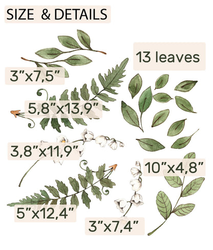 Forest Fern Wall Decals Lily of the Valley Flowers Green Leaf stickers, LF357