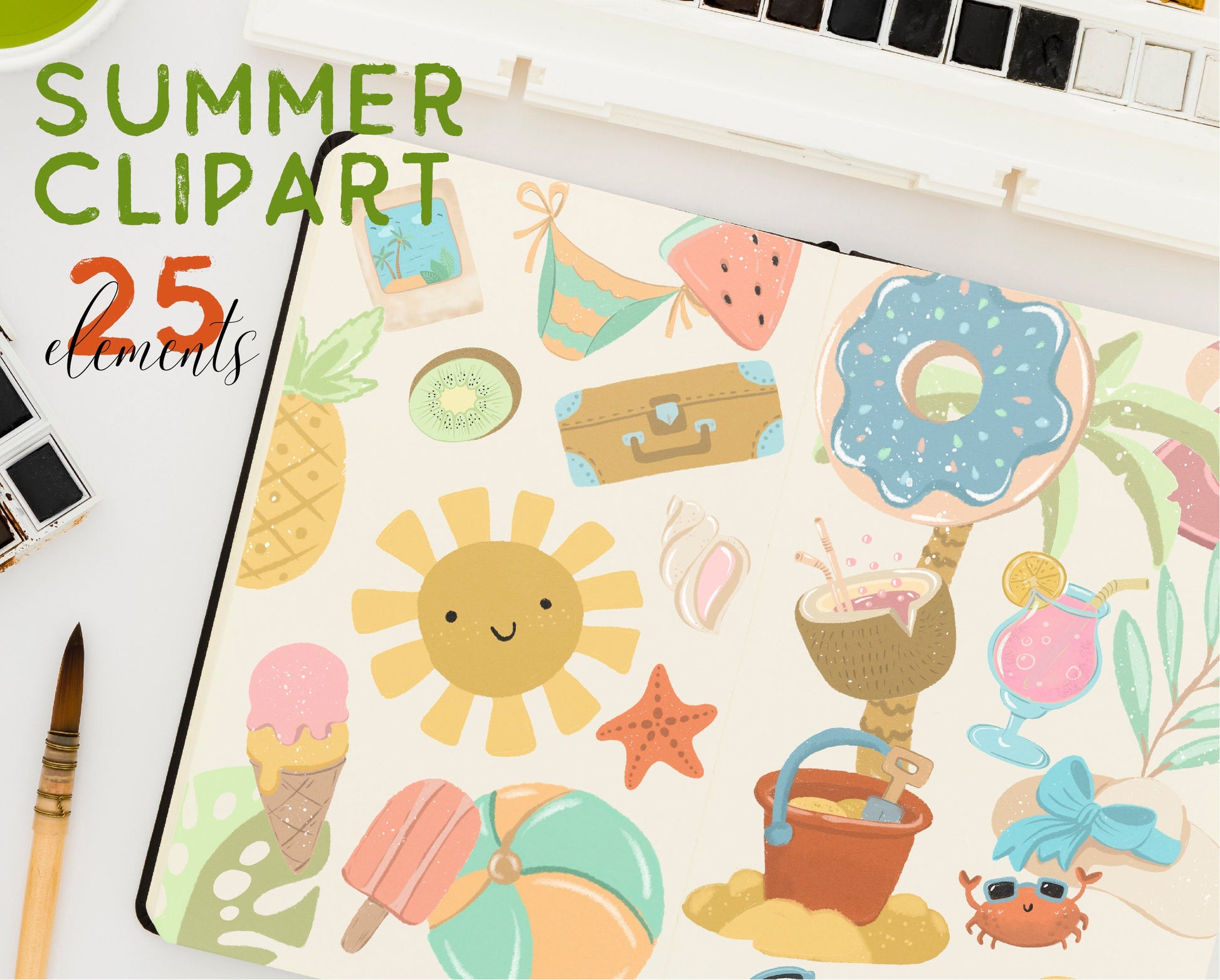 Summer Clipart PNG Seasonal Vacation Instant Download Sun Ice Cream Ananas Flip Flops Popsicles Crab Palm, LF360