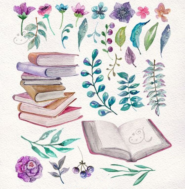 Watercolor Books Flowers Clipart Reading Instant Download PNG, LF364