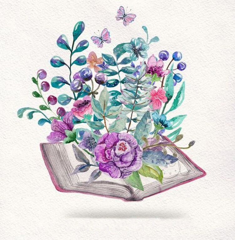 Watercolor Books Flowers Clipart Reading Instant Download PNG, LF364