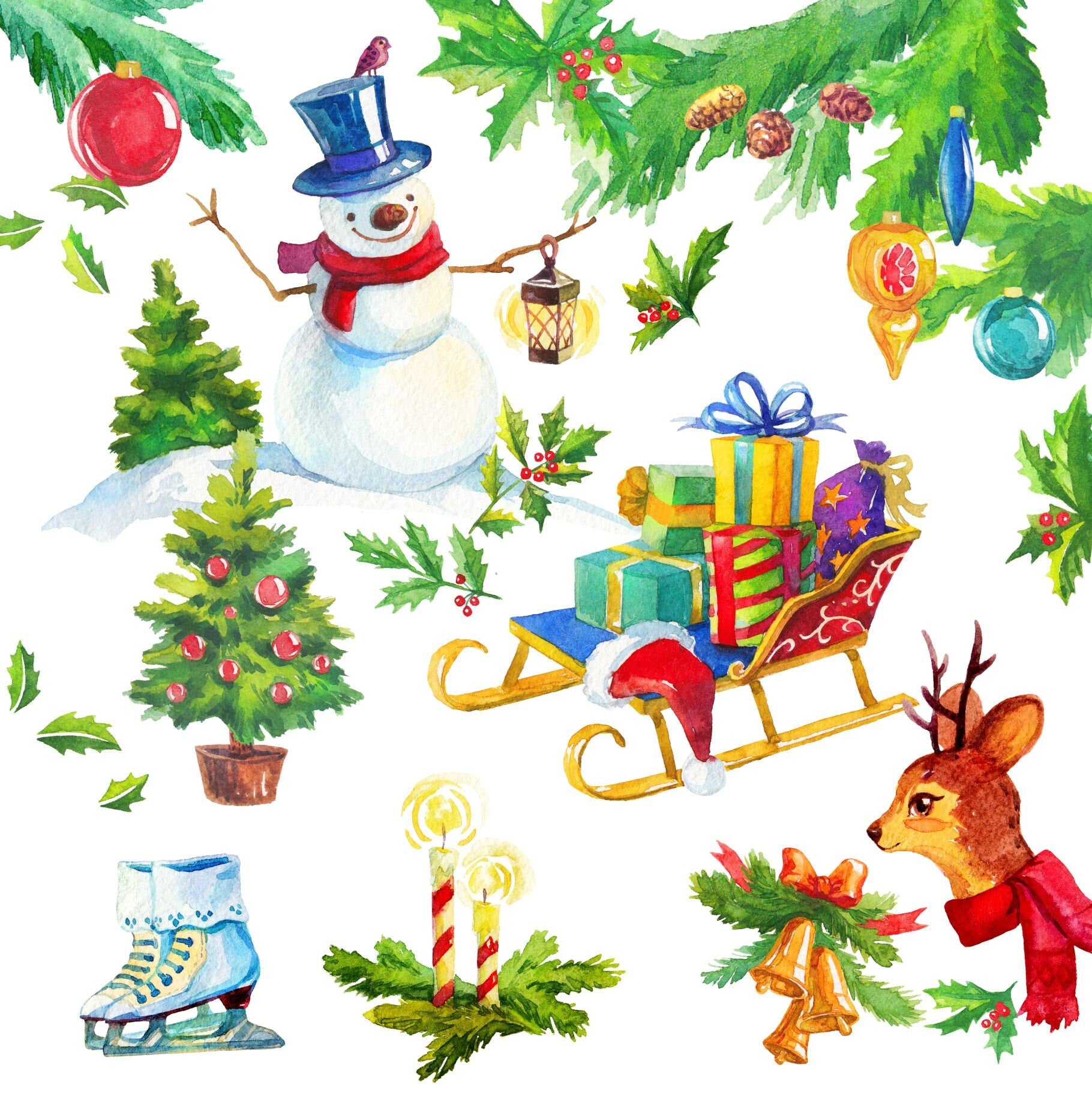 Christmas Watercolor Clipart Snowman Deer Fir Tree Gift Toys, LF371