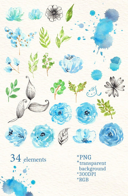 Watercolor Blue Green Flowers Wreath Floral Clipart PNG, LF368