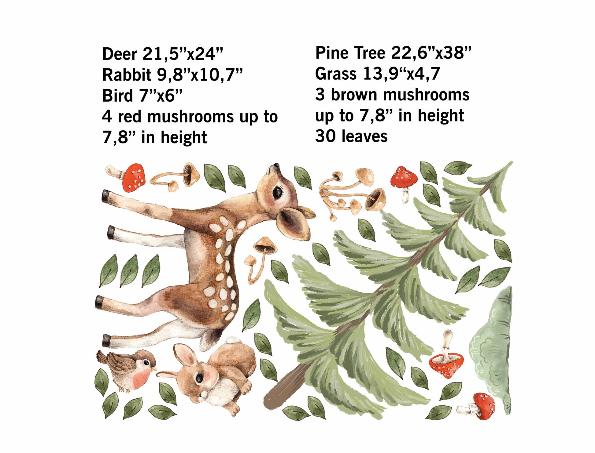 Woodland Animals Nursery Wall Decals Forest Deer Rabbit Fir tree, LF408