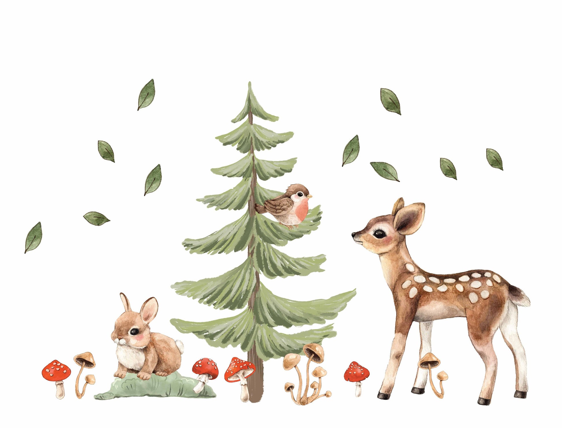 Woodland Animals Nursery Wall Decals Forest Deer Rabbit Fir tree, LF408