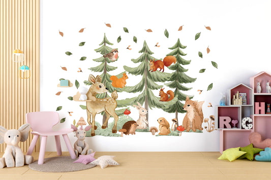 Woodland Animals Nursery Wall Decals Forest Deer Rabbit Fir tree Squirrel, LF409