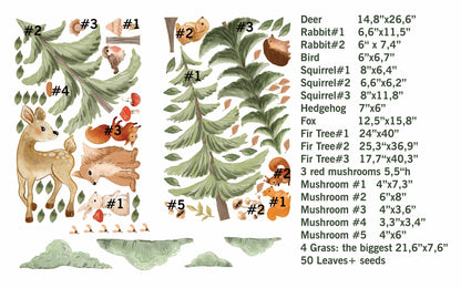 Woodland Animals Nursery Wall Decals Forest Deer Rabbit Fir tree Squirrel, LF409