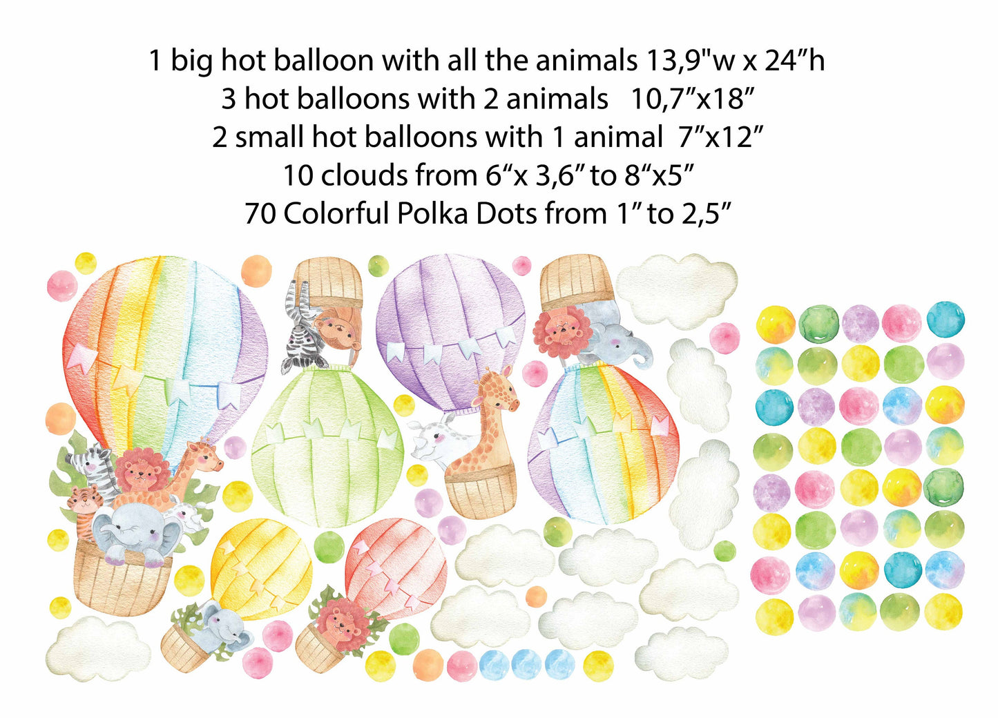 Rainbow Hot Air Balloons Wall Decals Safari Animals Cloud polka Dot Lion Elephant Zebra Tiger Giraffe, LF410