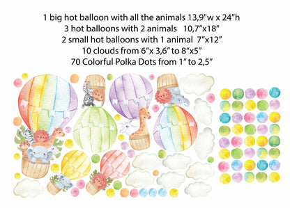 Rainbow Hot Air Balloons Wall Decals Safari Animals Cloud polka Dot Lion Elephant Zebra Tiger Giraffe, LF410