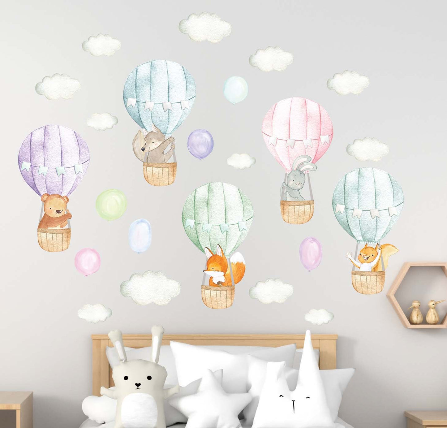 Forest Animals Hot Air Balloon Decals Woodland Clouds Nursery Stickers, LF415