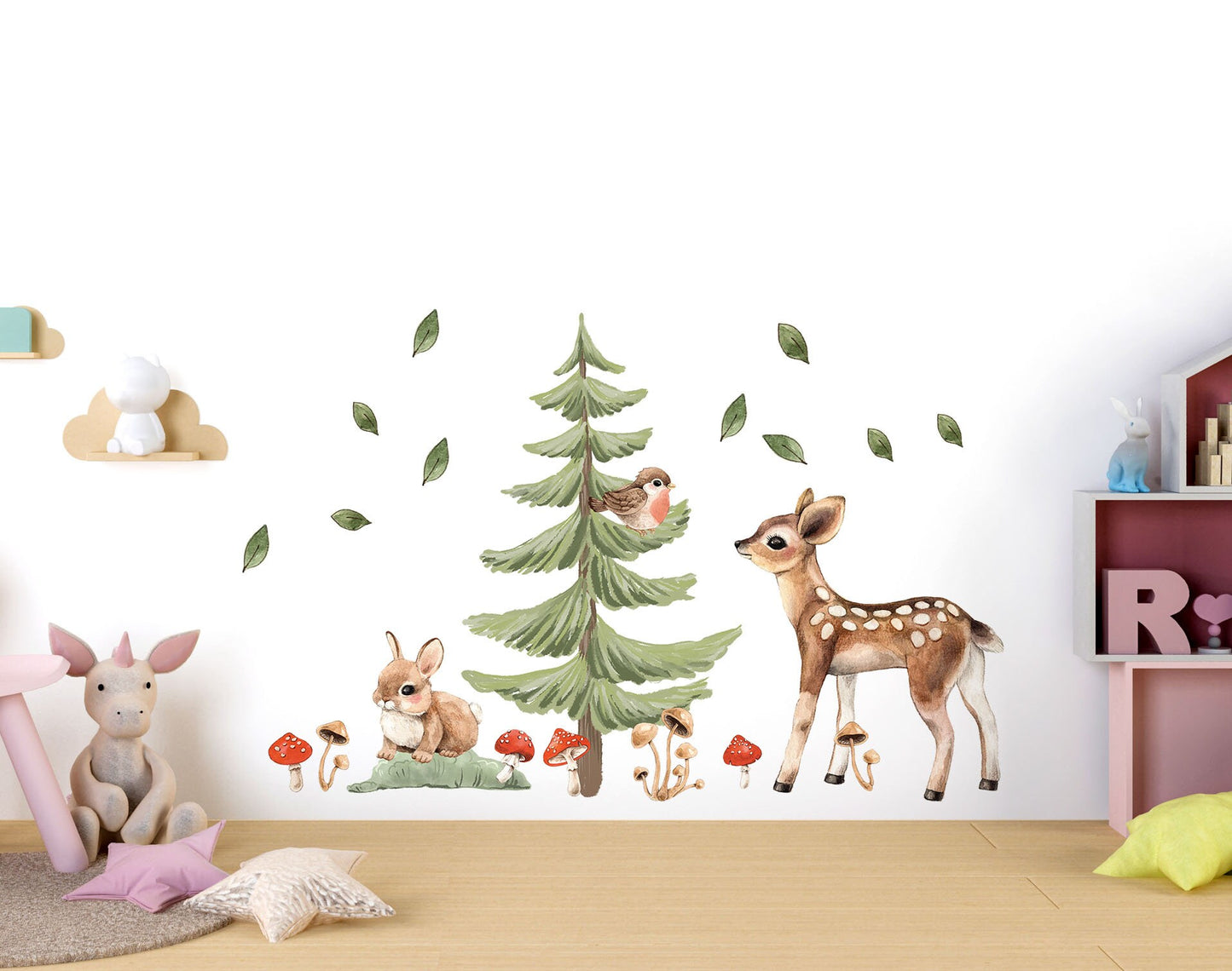 Woodland Animals Nursery Wall Decals Forest Deer Rabbit Fir tree, LF408