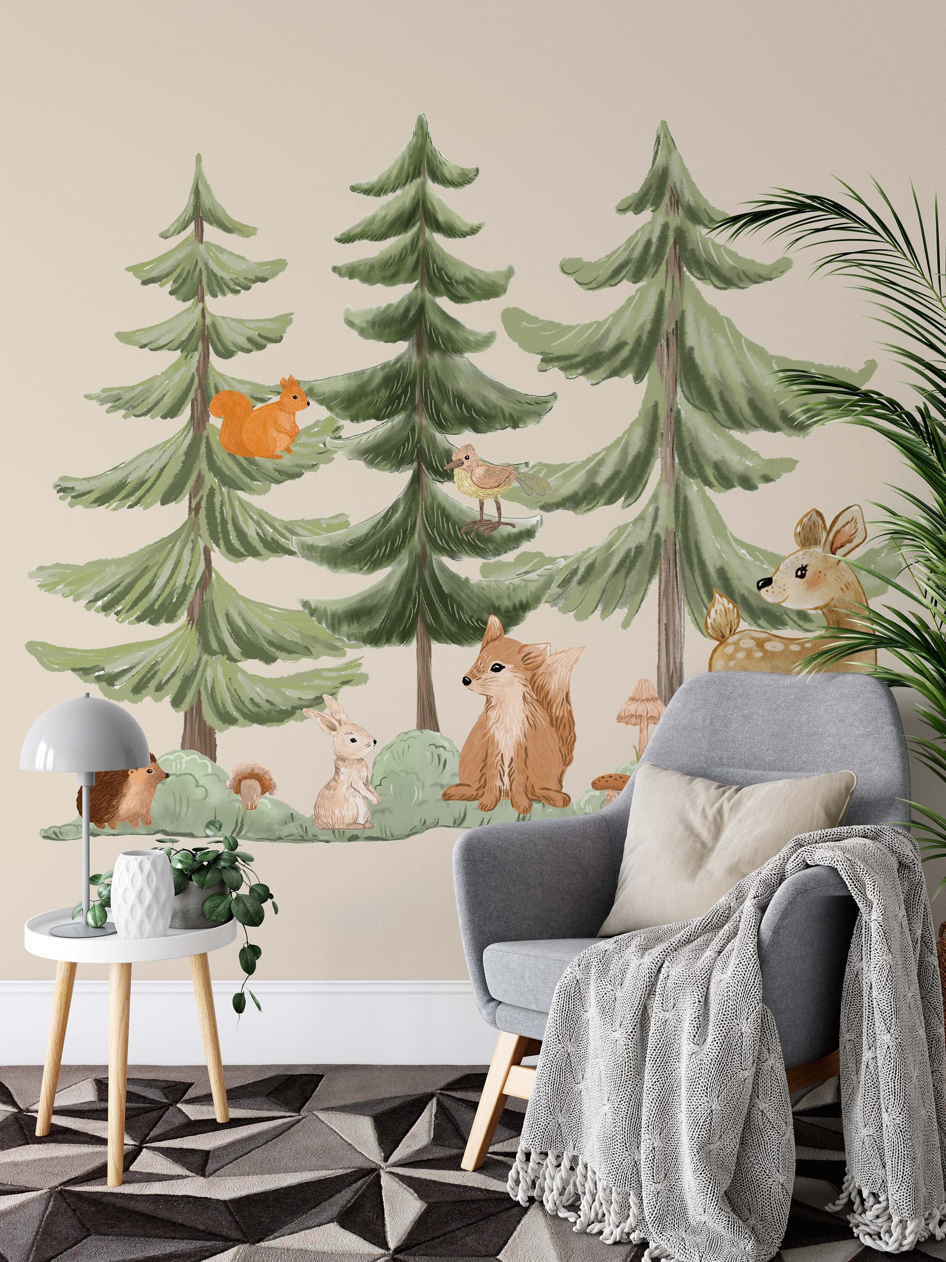 Woodland Animals Nursery Wall Decals Forest Deer Rabbit Fir tree Squirrel, LF409